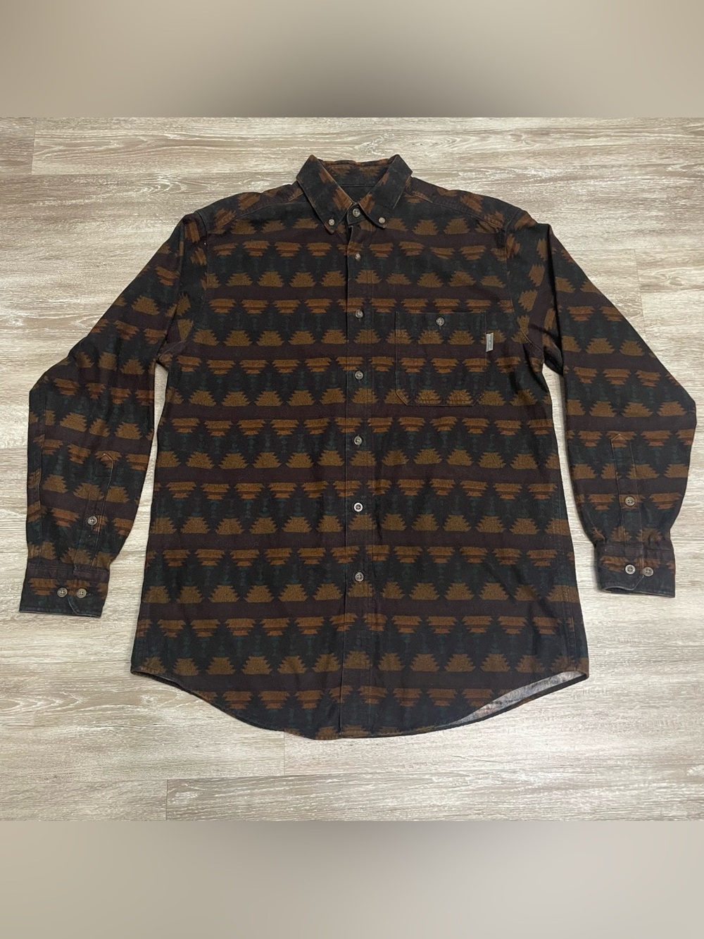 Vintage Woolrich Heavy Flannel Button Front Shirt Brown Aztec Southwest Men’s L